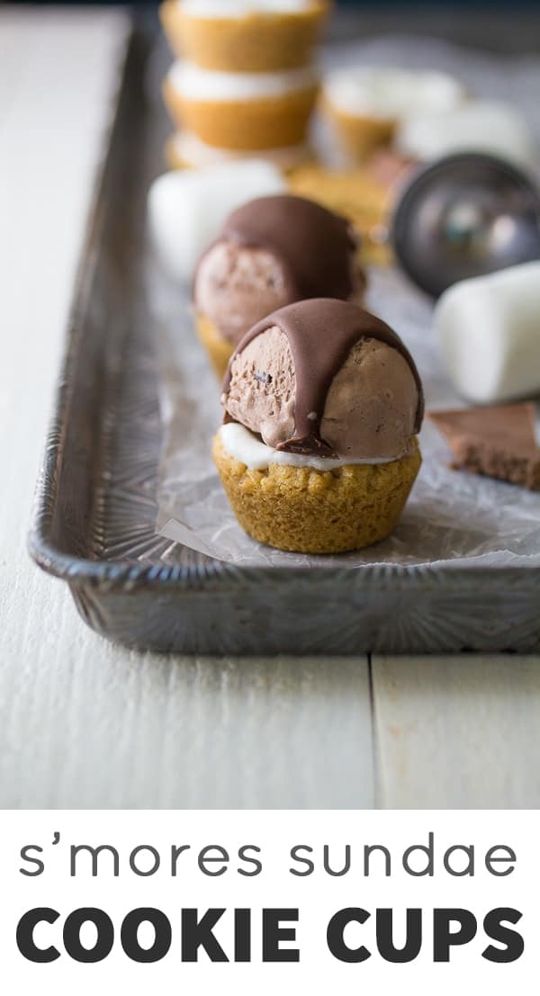 Side view of S'mores Ice Cream Cookie Cups on a sheet pan
