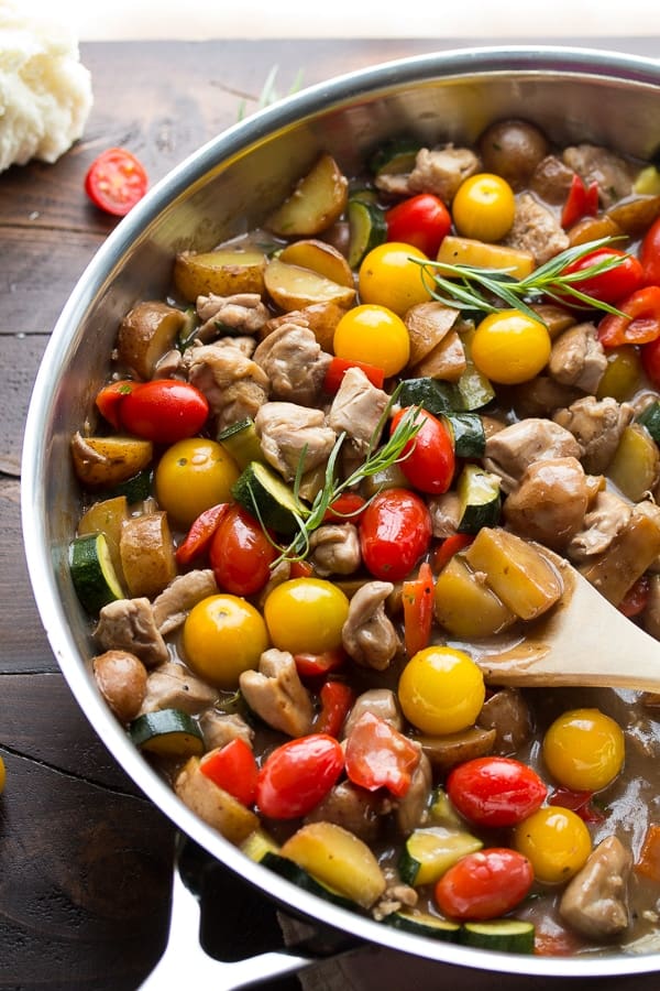 overhead view of a stainless skillet filled with balsamic chicken skillet recipe