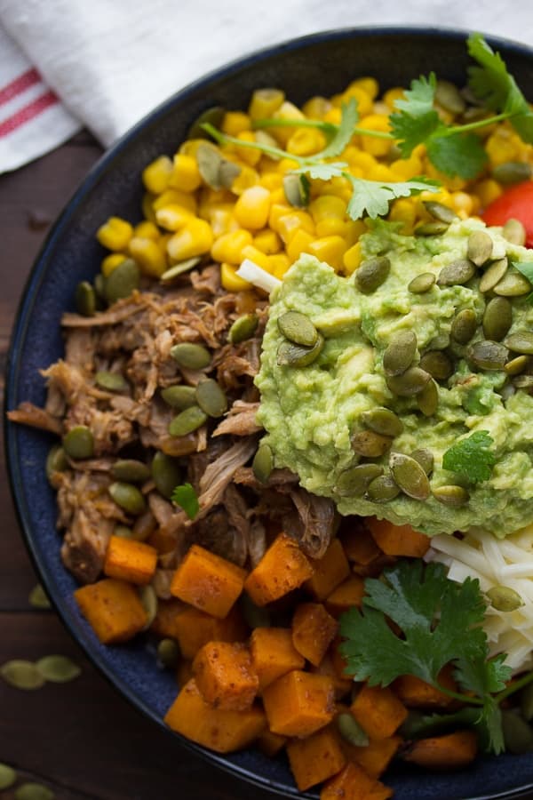 Maple Pulled Pork Burrito Bowls with Sweet Potatoes and Pepitas