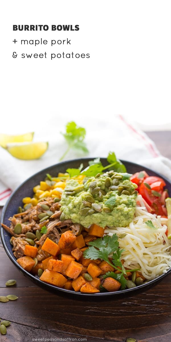 maple pulled pork burrito bowls- side angle view