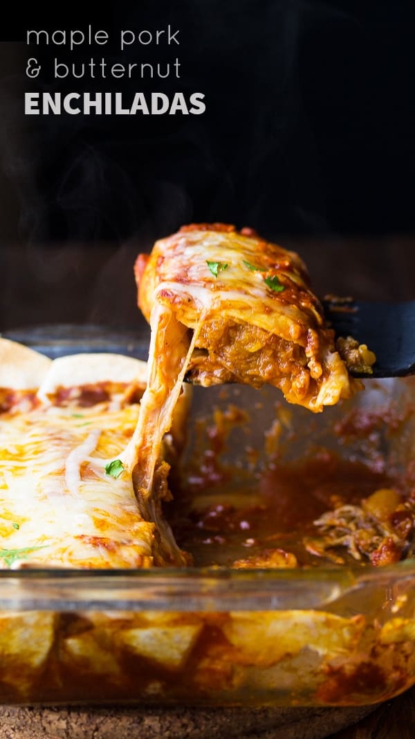 spatula lifting a maple pork and butternut squash enchilada out of the pan