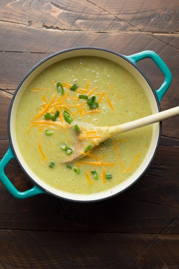 roasted poblano soup in pot after pureeing