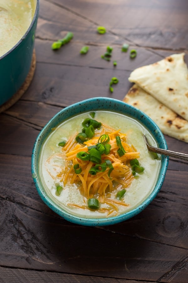 Roasted Poblano Soup with Potatoes and Cheddar