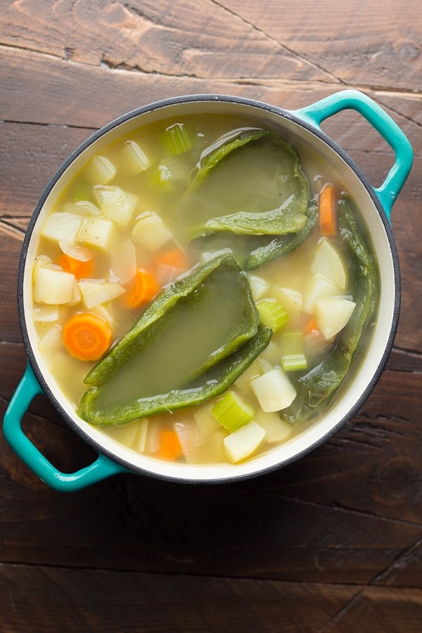 roasted poblano soup in pot before cooking