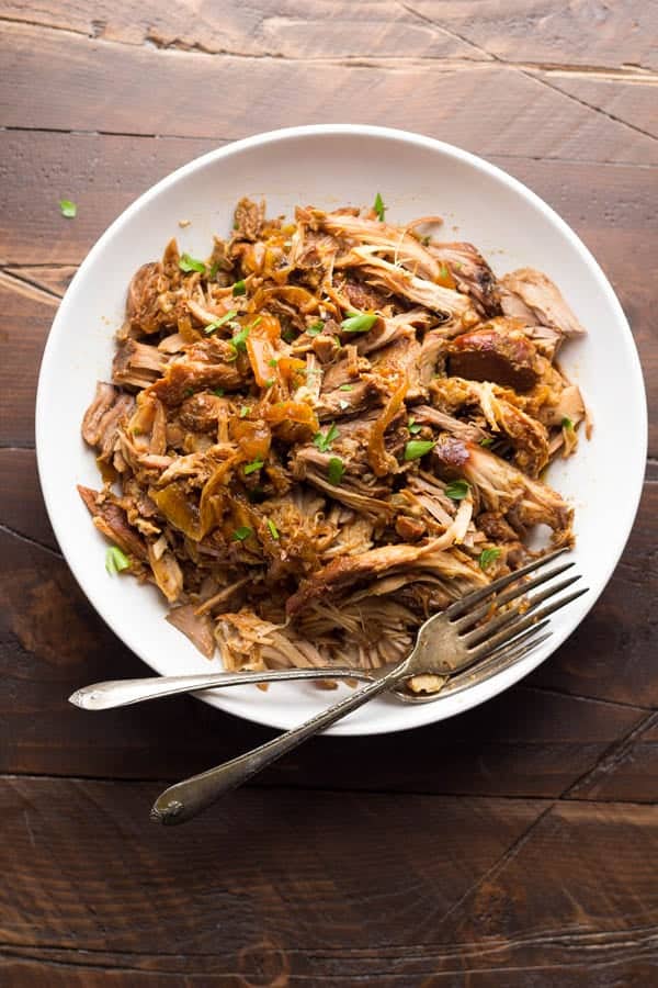 overhead view of a bowl of maple pulled pork