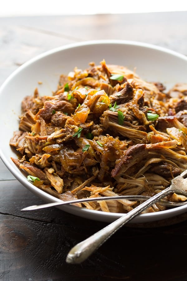 side angle view of bowl of maple pulled pork