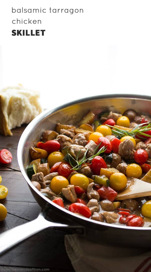 side angle view of balsamic tarragon chicken skillet