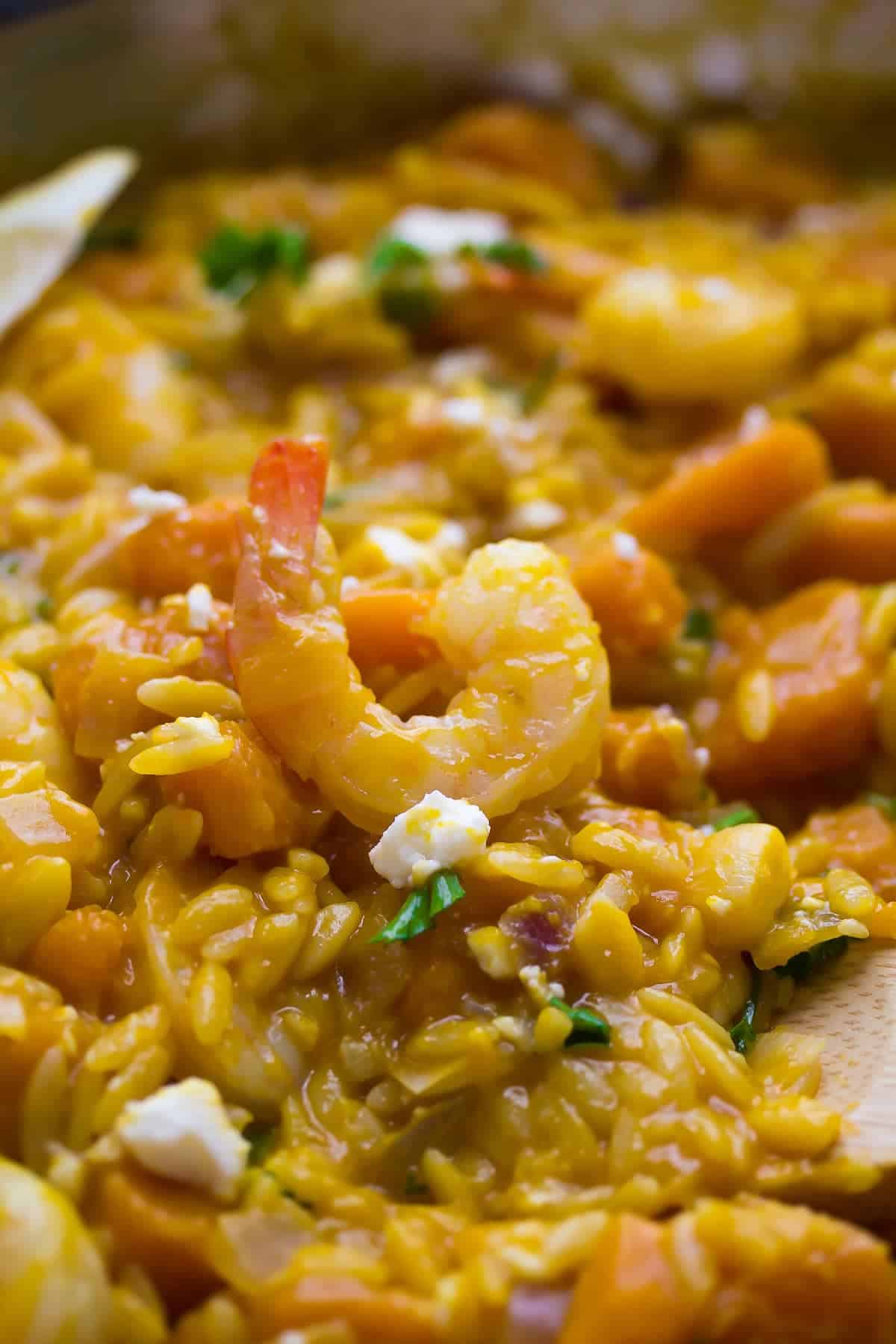 close up shot of shrimp in a pan of orzo