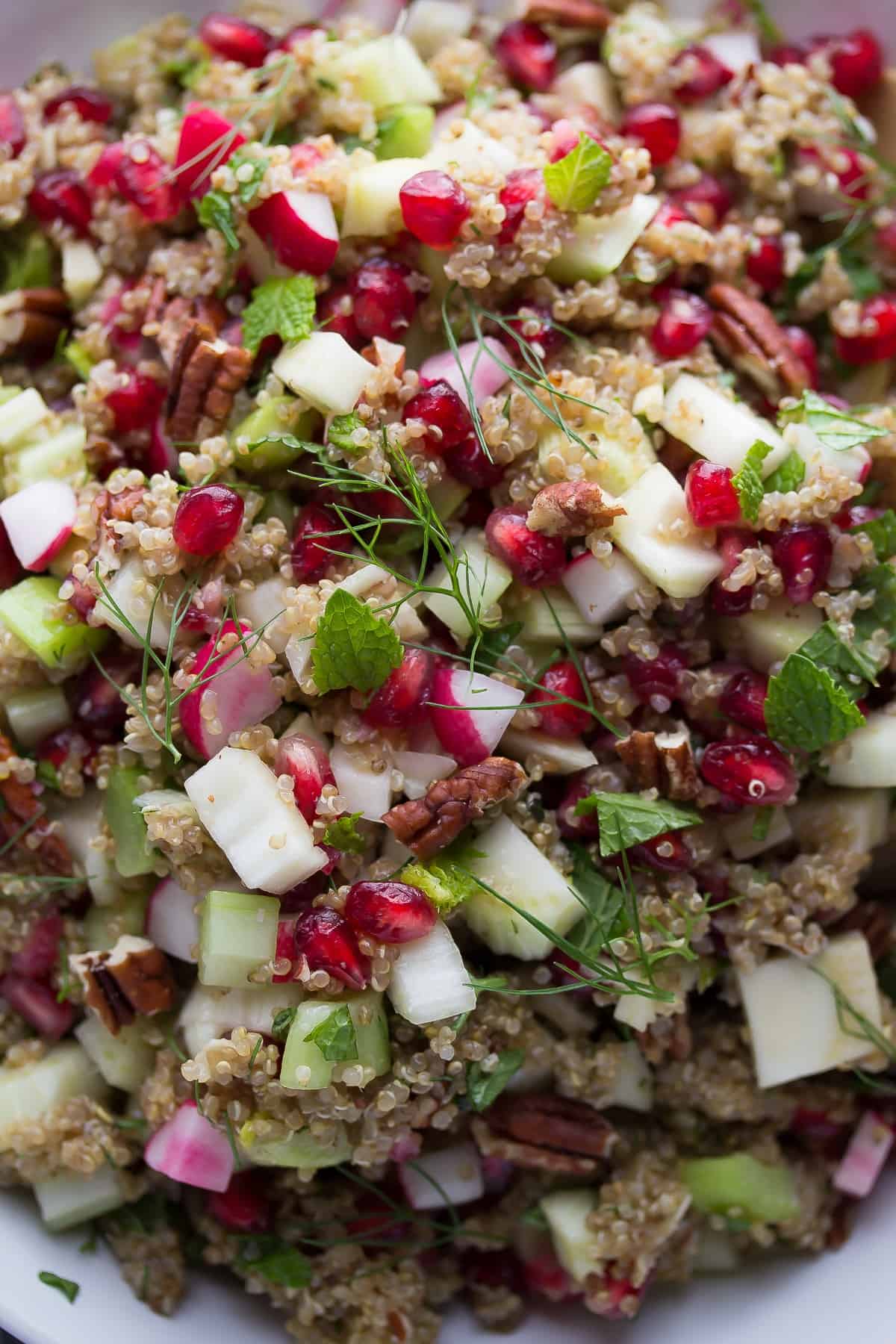 close up shot of quinoa pomegranate salad