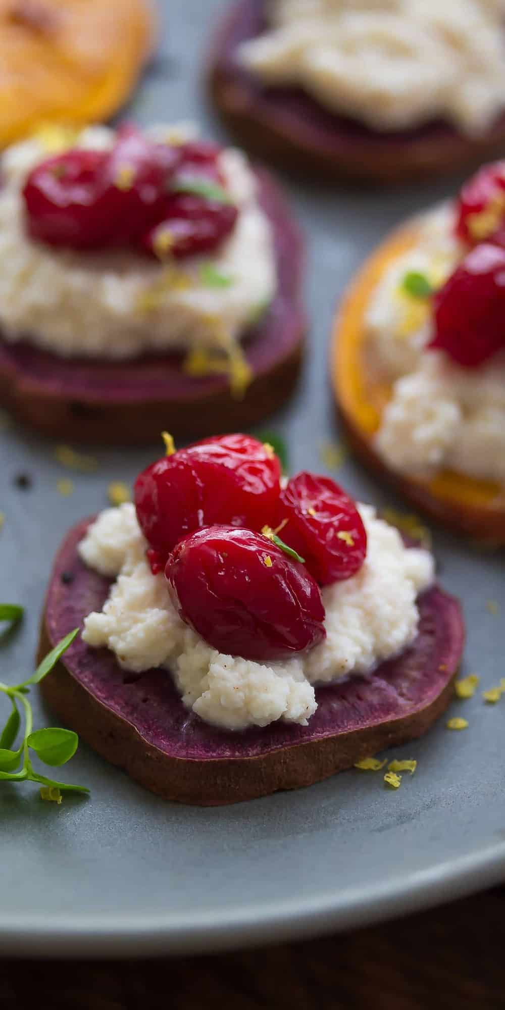 Sweet Potato Crostinis with Spiced Ricotta and Roasted Cranberries