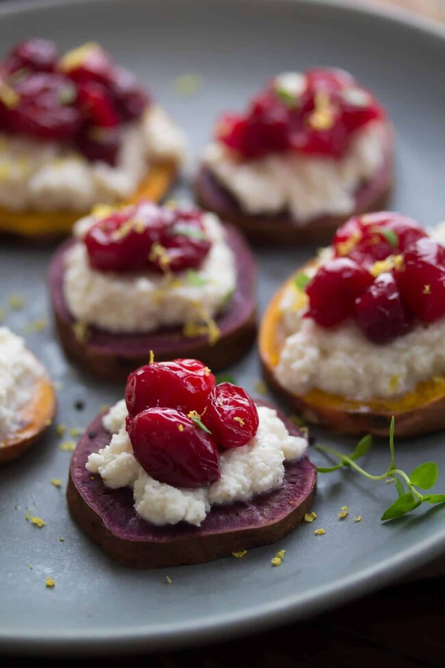 Sweet Potato Crostinis with Spiced Ricotta & Roasted Cranberries