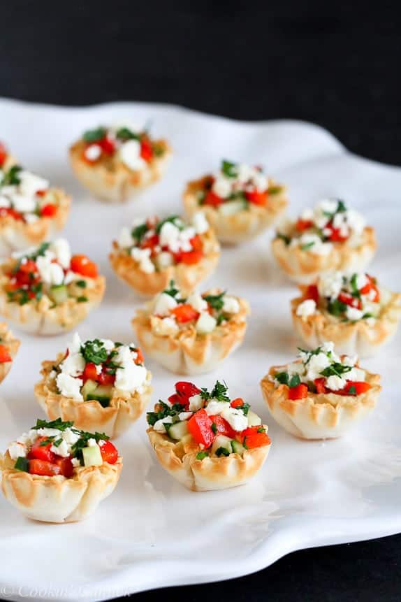 roasted red pepper phyllo bites on plate