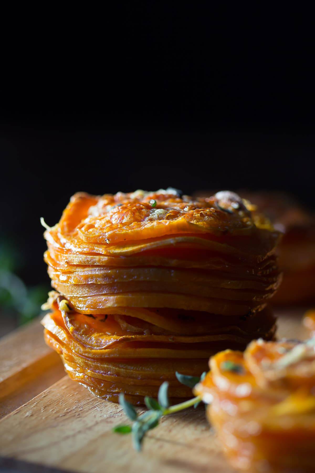 side angle of sweet potato stacks with un-diffused light 