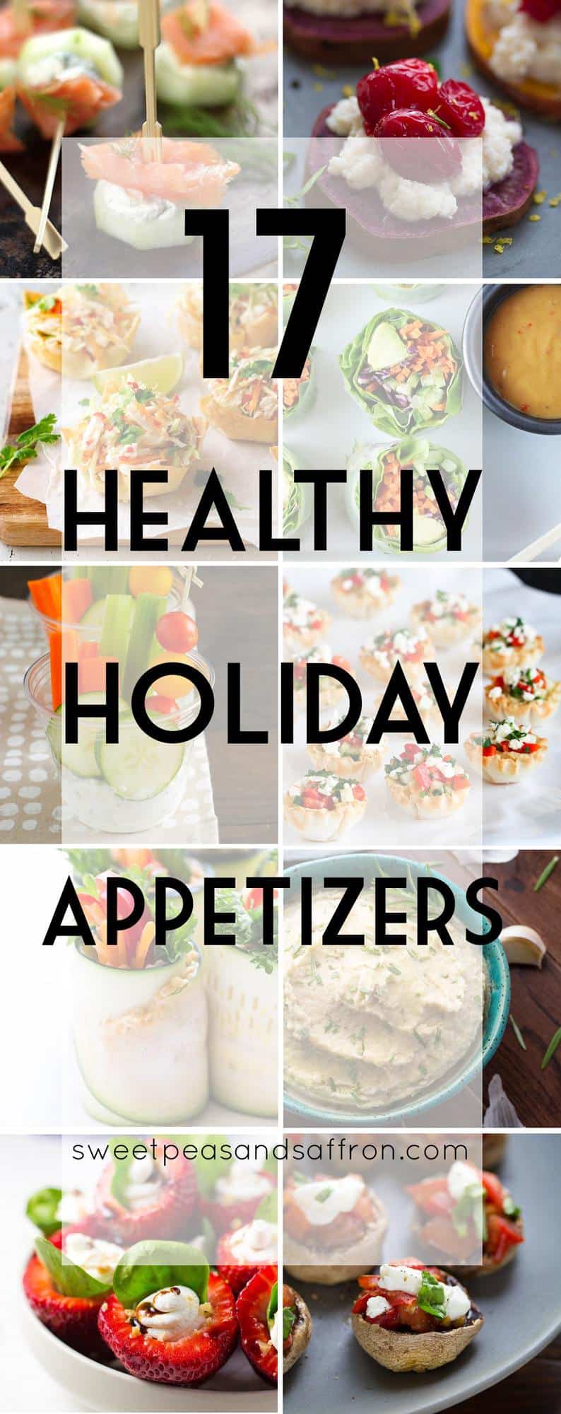 collage image with 17 healthy holiday appetizers