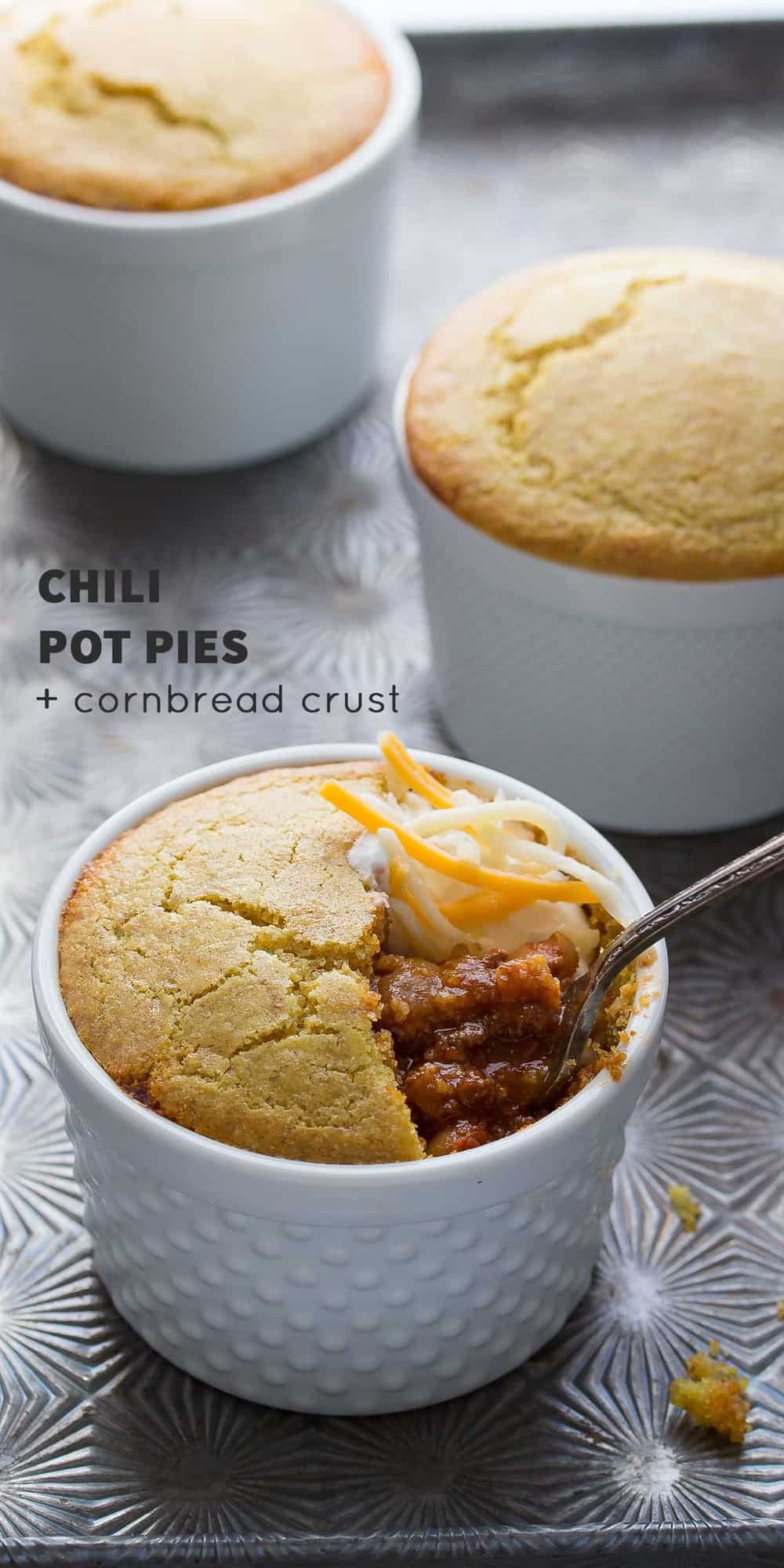 A simple recipe to use up leftover chili! Baked up in a personal-sized portion, and topped with a delicious cornbread topping!