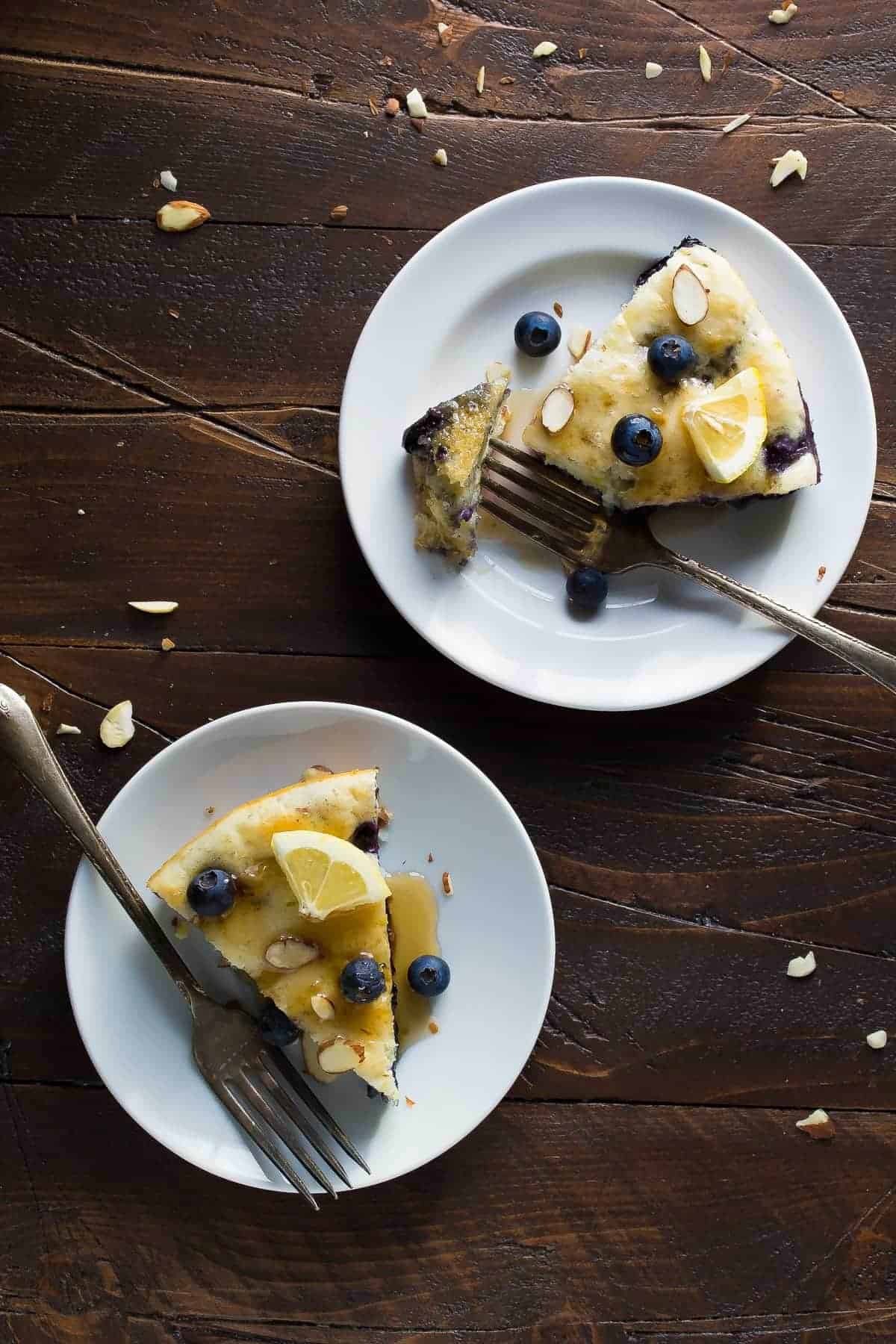 Deep Dish Blueberry-Almond Pancakes, an easy hands off healthy breakfast or brunch recipe! With blueberries, almonds and lemon zest.