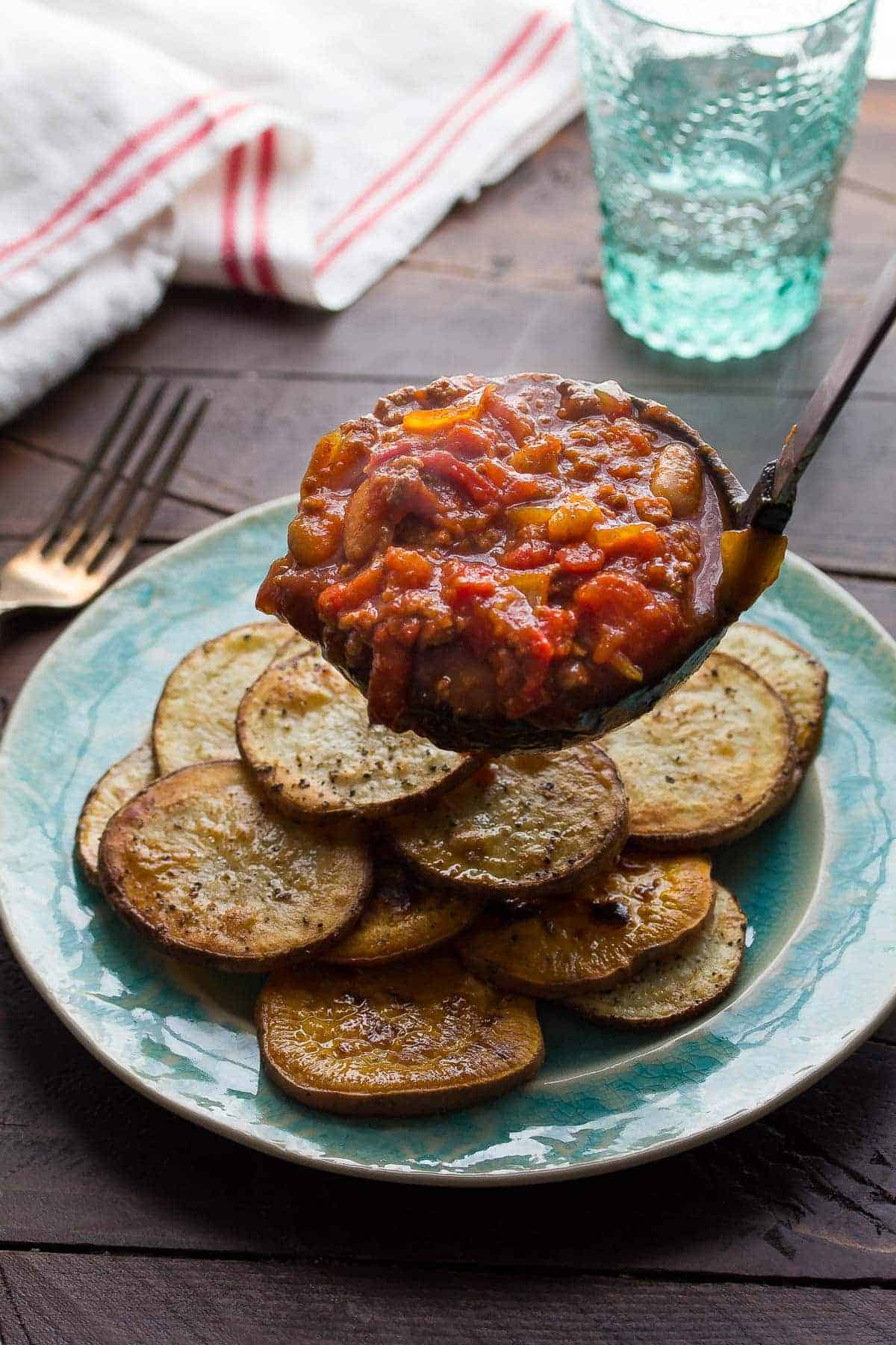 Use up your leftover chili with these simple potato nachos! Perfect for a snack or for dinner!