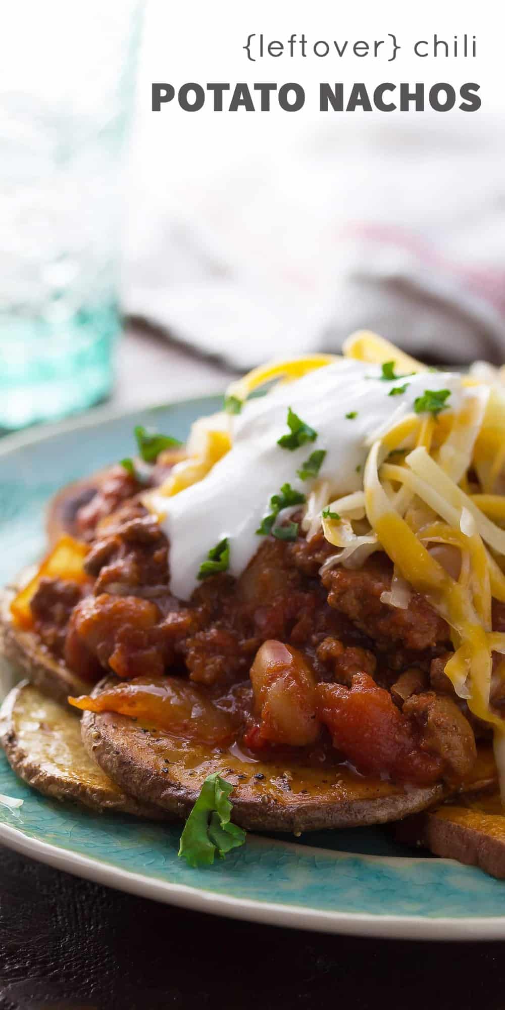 Use up your leftover chili with these simple potato nachos! Perfect for a snack or for dinner!