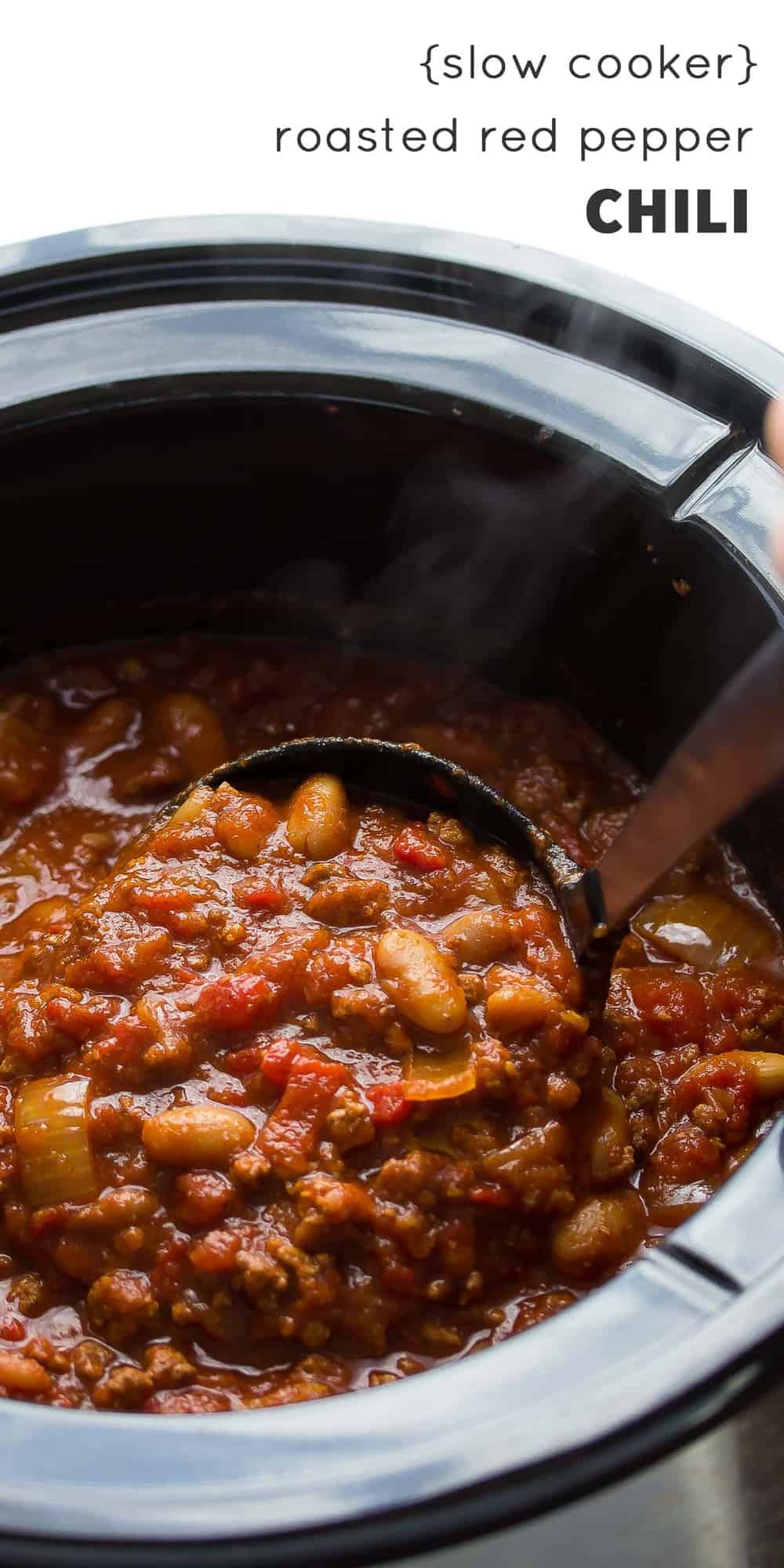 ladle spooning the slow cooker roasted red pepper chili
