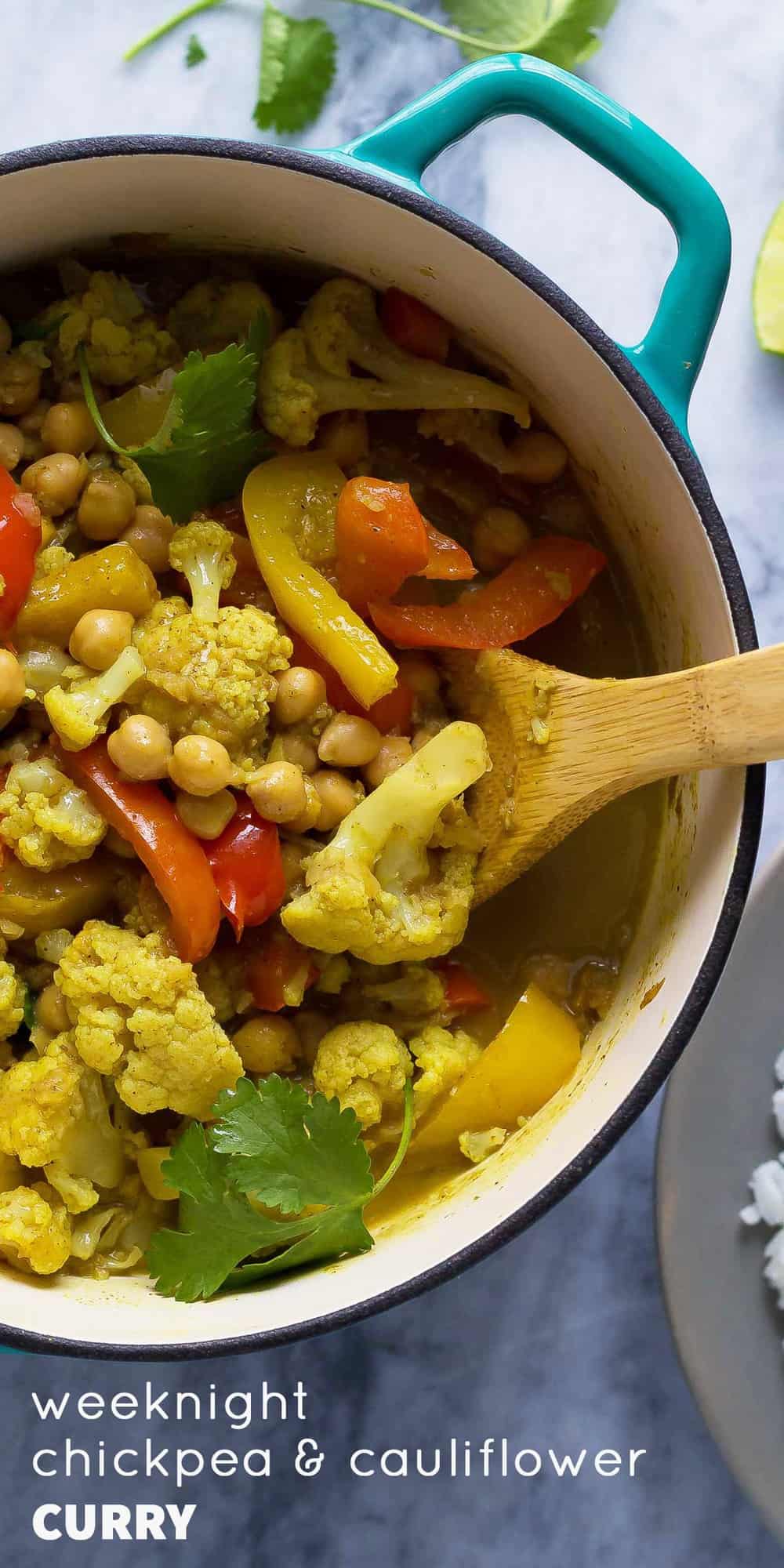 This chickpea & cauliflower vegan curry is bright and flavorful, and is easy enough for a week-night dinner!