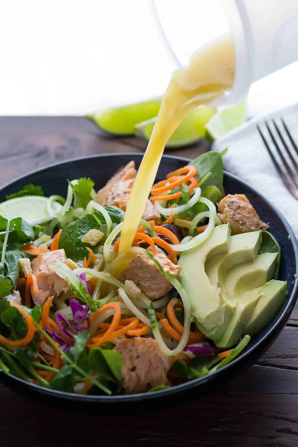 Asian Salad with Salmon, Ginger, and Lime Dressing, a healthy dinner recipe that's ready in 30 minutes!