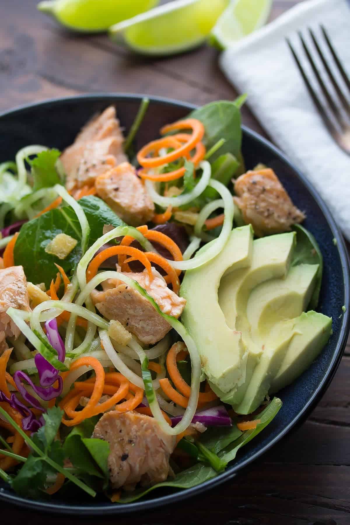 Asian Salad with Salmon, Ginger, and Lime Dressing, a healthy dinner recipe that's ready in 30 minutes!