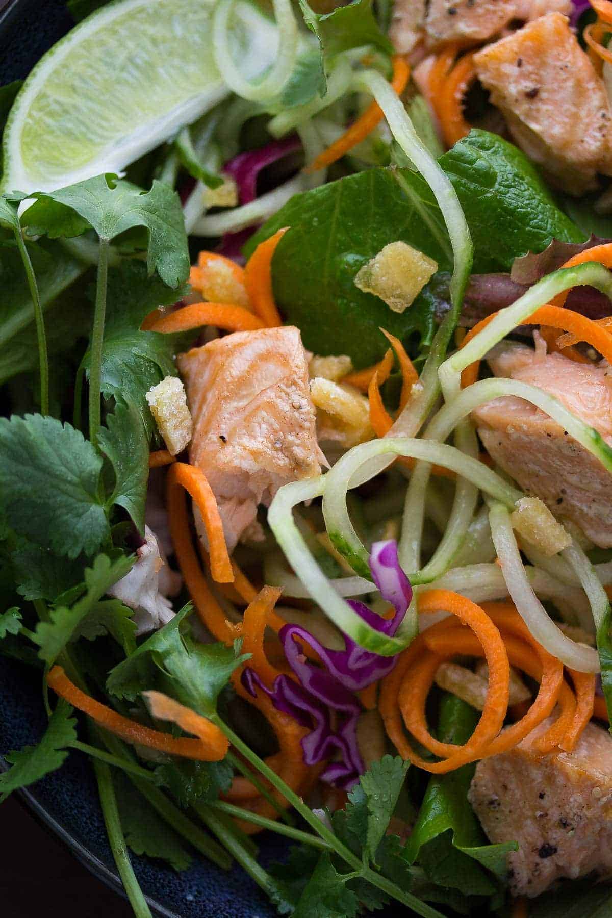 Asian Salad with Salmon, Ginger, and Lime Dressing, a healthy dinner recipe that's ready in 30 minutes!