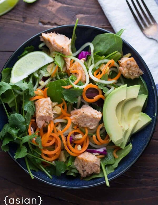 overhead shot of asian salmon salad with candied ginger and lime vinaigrette in navy blue bowl