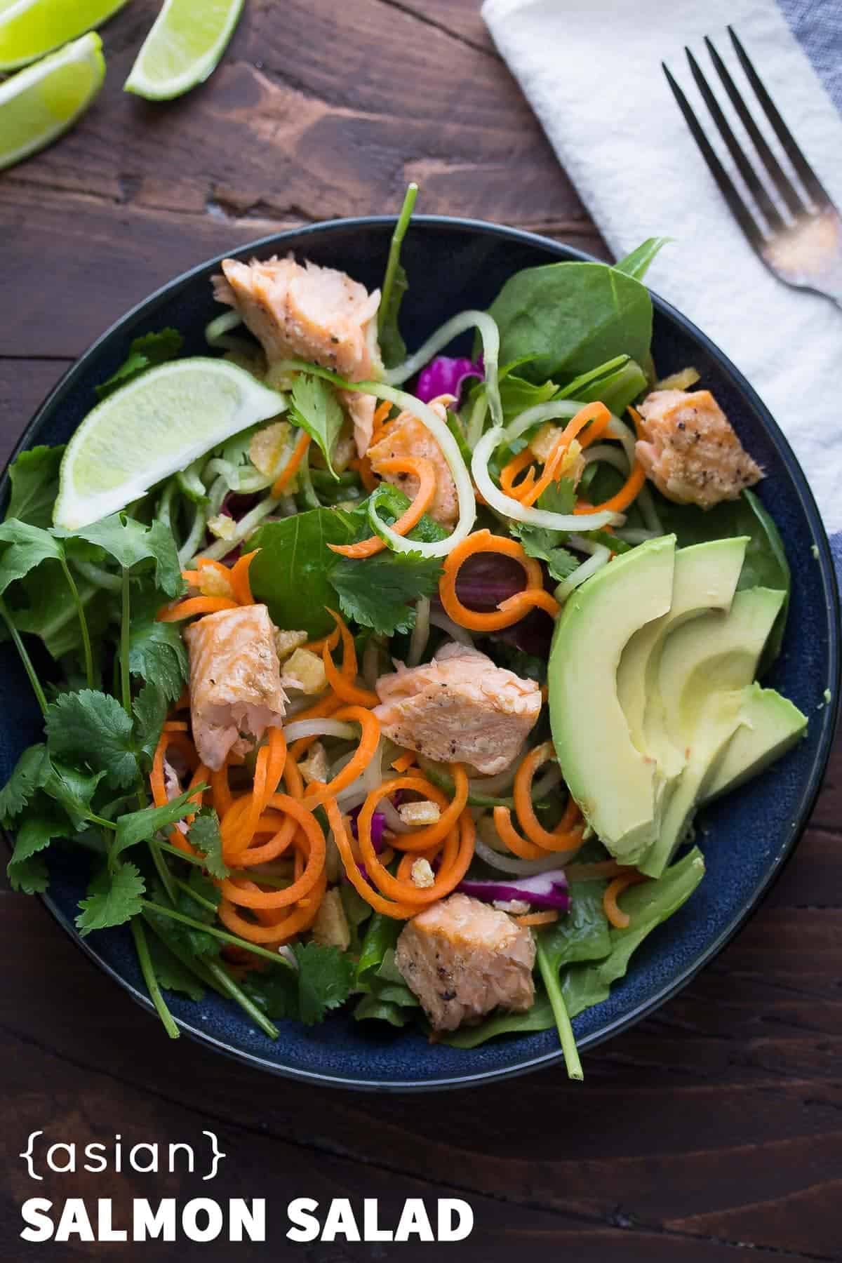 Asian Salad with Salmon, Ginger, and Lime Dressing, a healthy dinner recipe that's ready in 30 minutes!