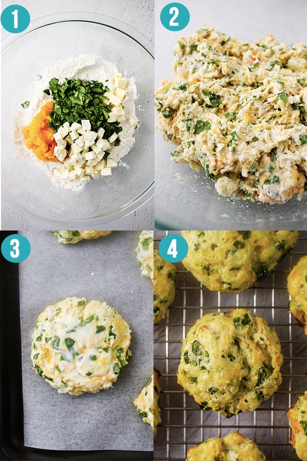 collage image showing the steps required to make butternut squash scones