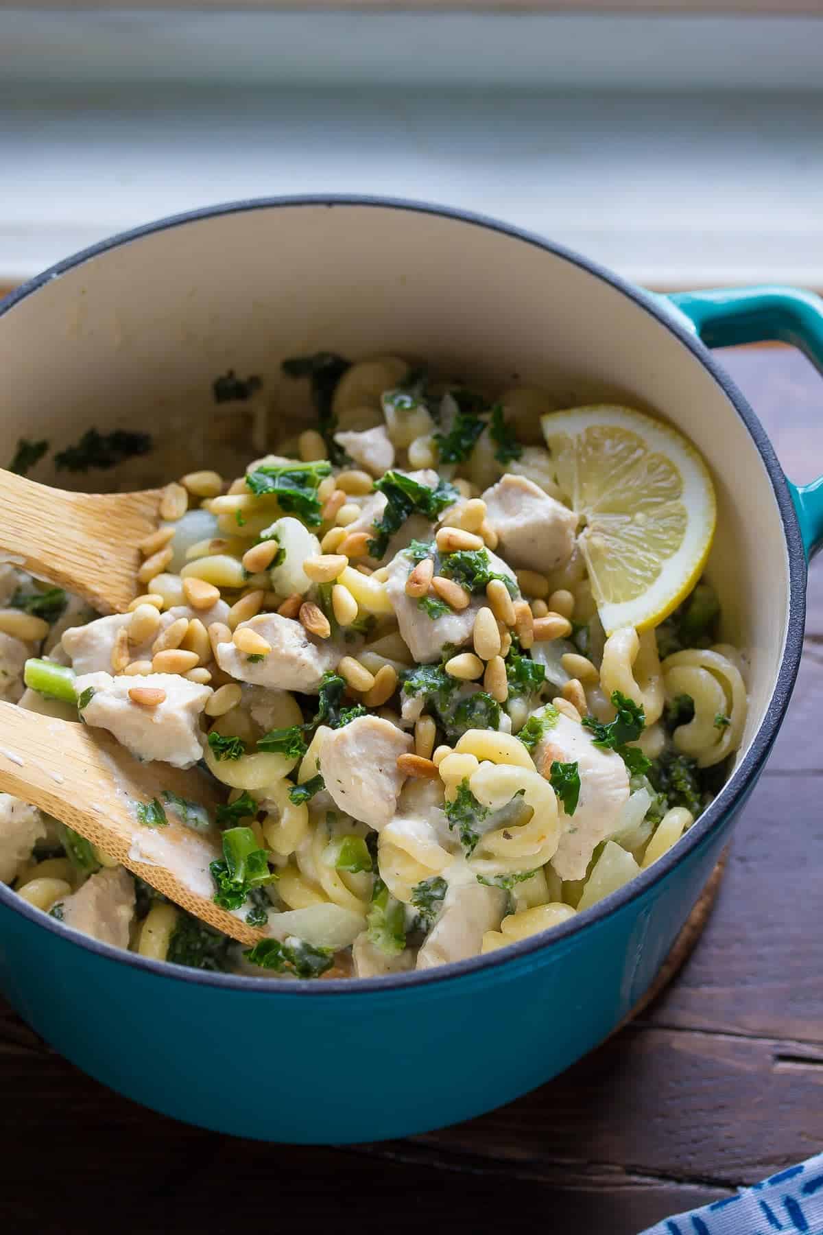 One Pot Pasta with Kale, Goat Cheese, Chicken and Pine Nuts. An easy week-night dinner recipe that is ready in 30 minutes! 