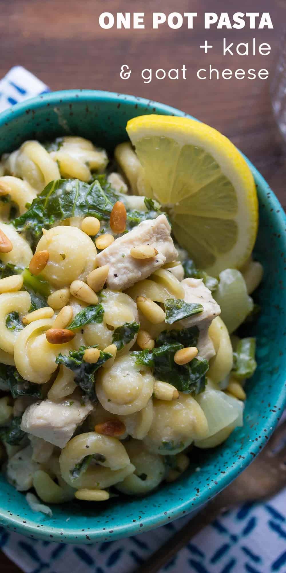 One Pot Pasta with Kale, Goat Cheese, Chicken and Pine Nuts. An easy week-night dinner recipe that is ready in 30 minutes! 