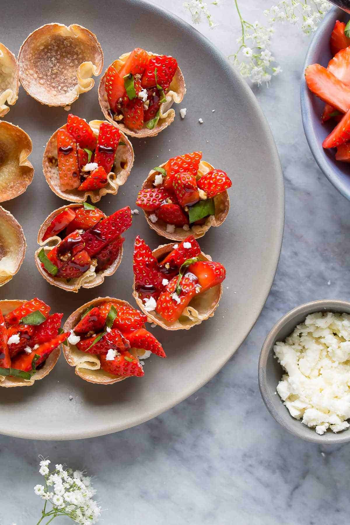 Balsamic Strawberry Bites with Feta and Basil, a lighter make-ahead appetizer option for a party or shower!