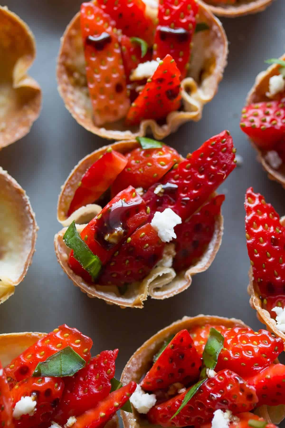 Strawberry Balsamic Bites with Feta and Basil, a lighter make-ahead appetizer option for a party or shower!