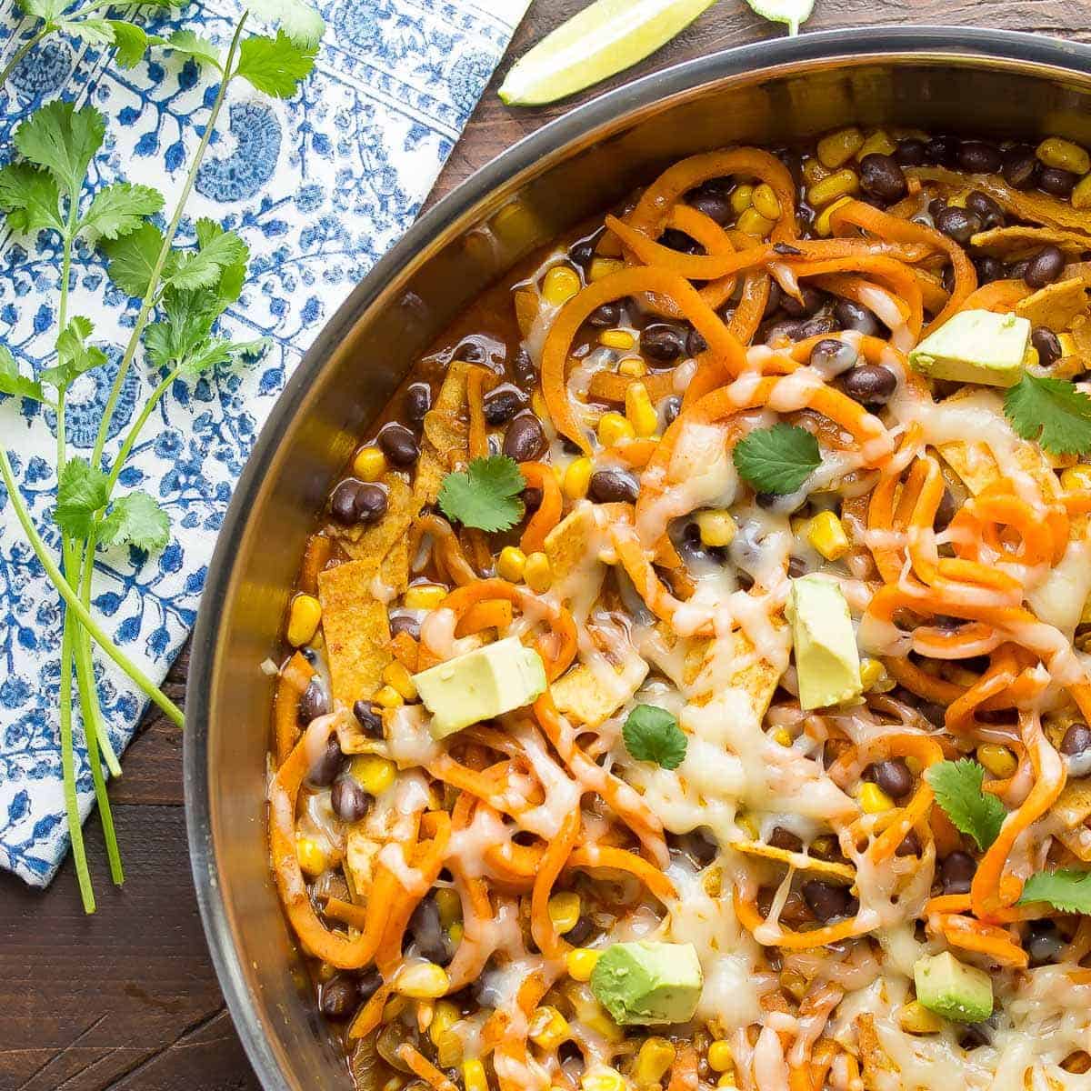 overhead view of enchilada spiralized sweet potato in skillet