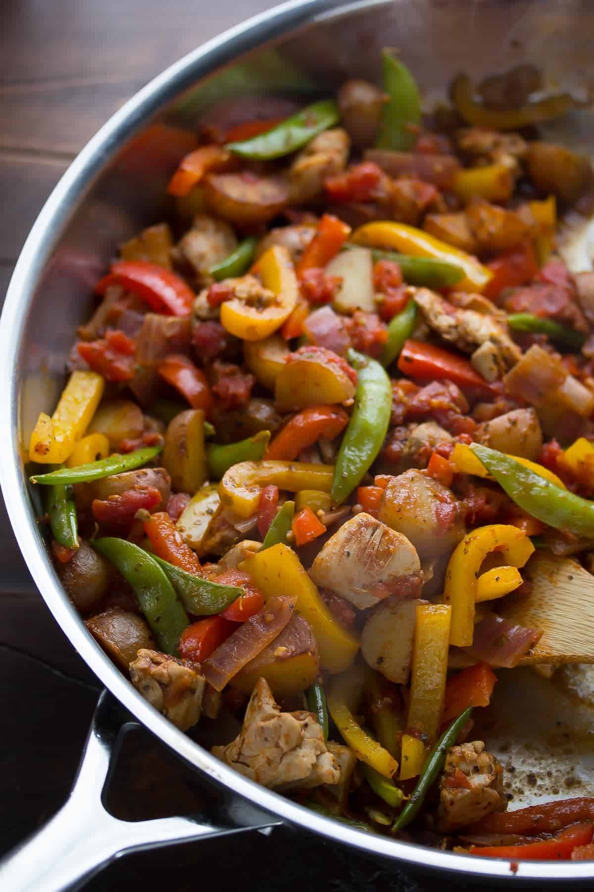 Healthy Chicken Skillet with Cajun Potatoes and Veggies. A one pot, 30-minute dinner recipe!