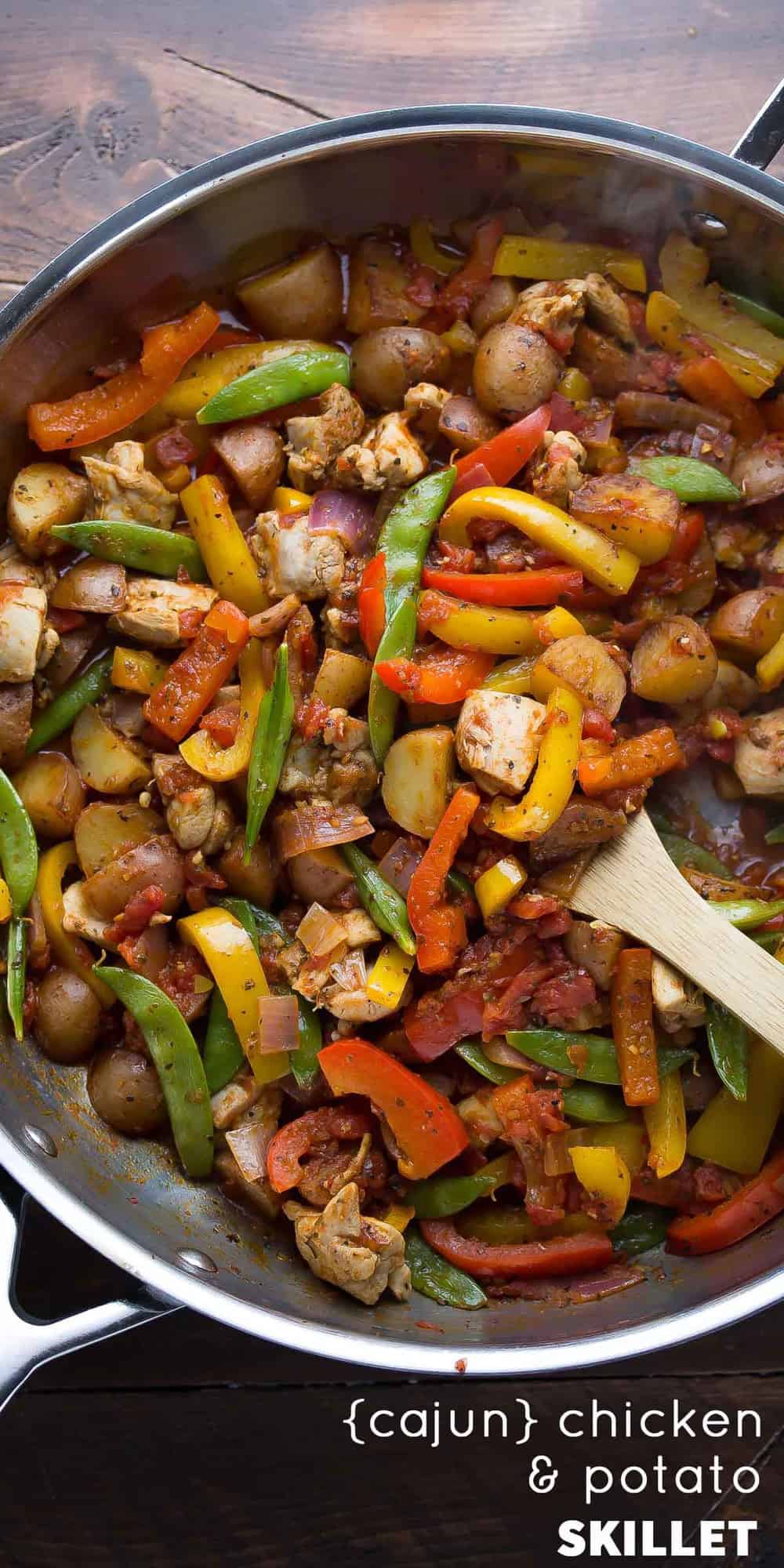 Healthy Chicken Skillet with Cajun Potatoes and Veggies. A one pot, 30-minute dinner recipe!