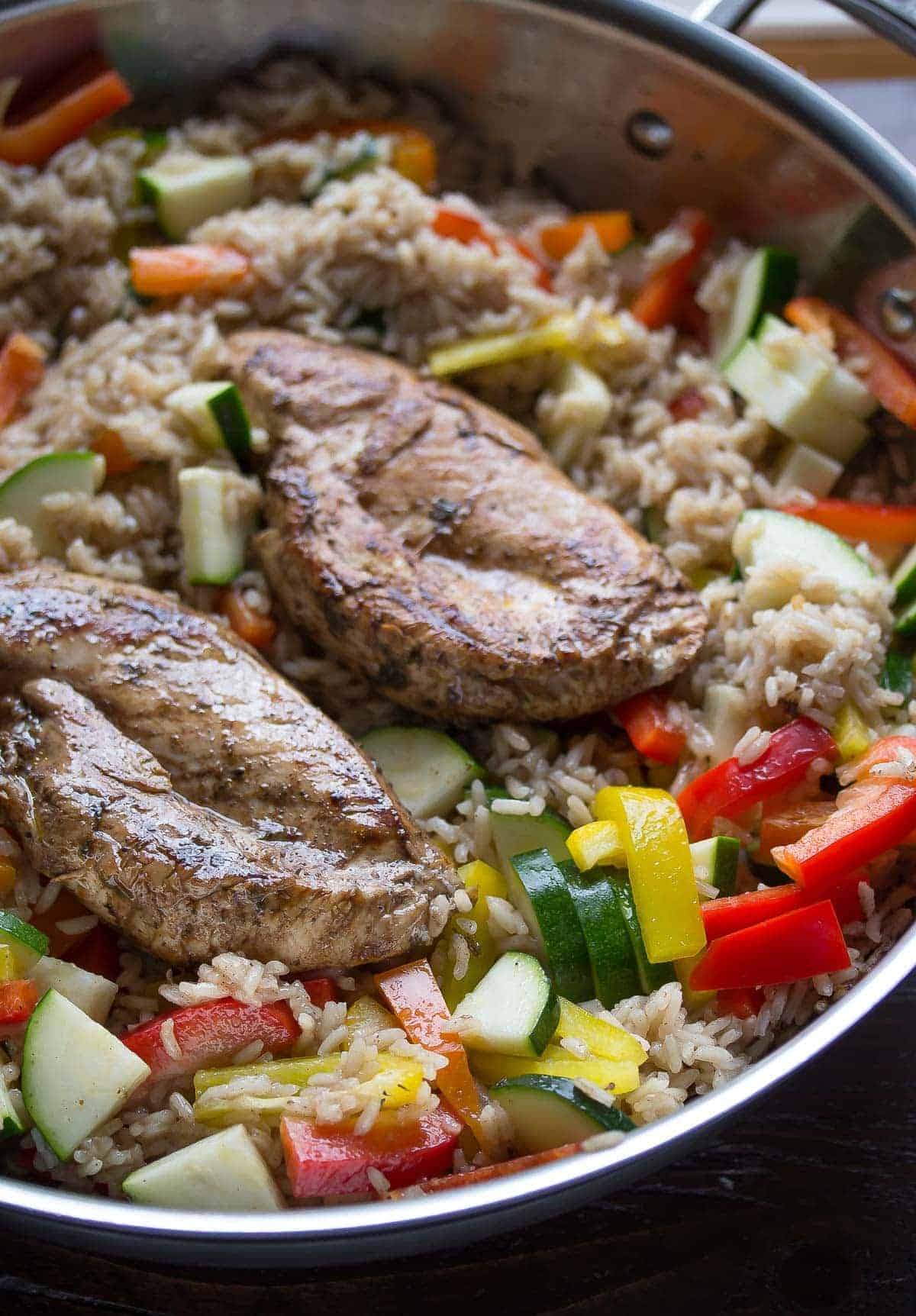 One Pot Caribbean Chicken and Rice, an easy and healthy recipe to get dinner on your table in 45 minutes using one pot!