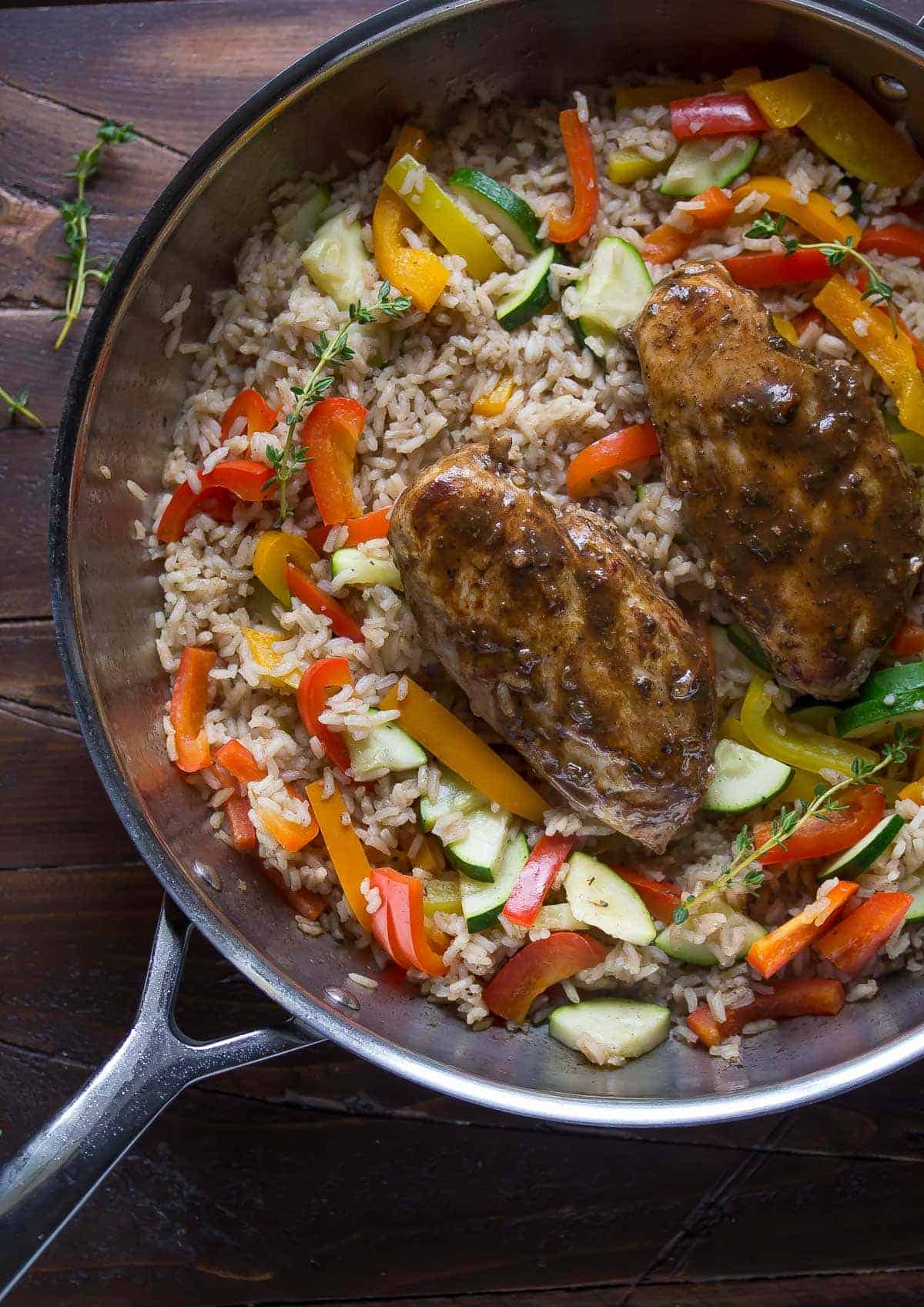 One Pot Caribbean Chicken and Rice, an easy and healthy recipe to get dinner on your table in 45 minutes using one pot!