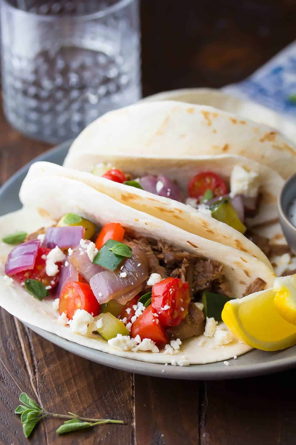 Slow Cooker Beef Tacos With Roasted Vegetables & Feta