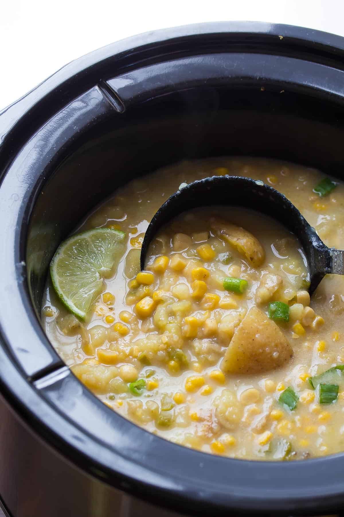 This slow cooker potato corn soup is an easy and deceptively healthy recipe that gets a boost of creaminess from Almond Breeze almond beverage, and a touch of heat from jalapenos! Only 160 calories/bowl!