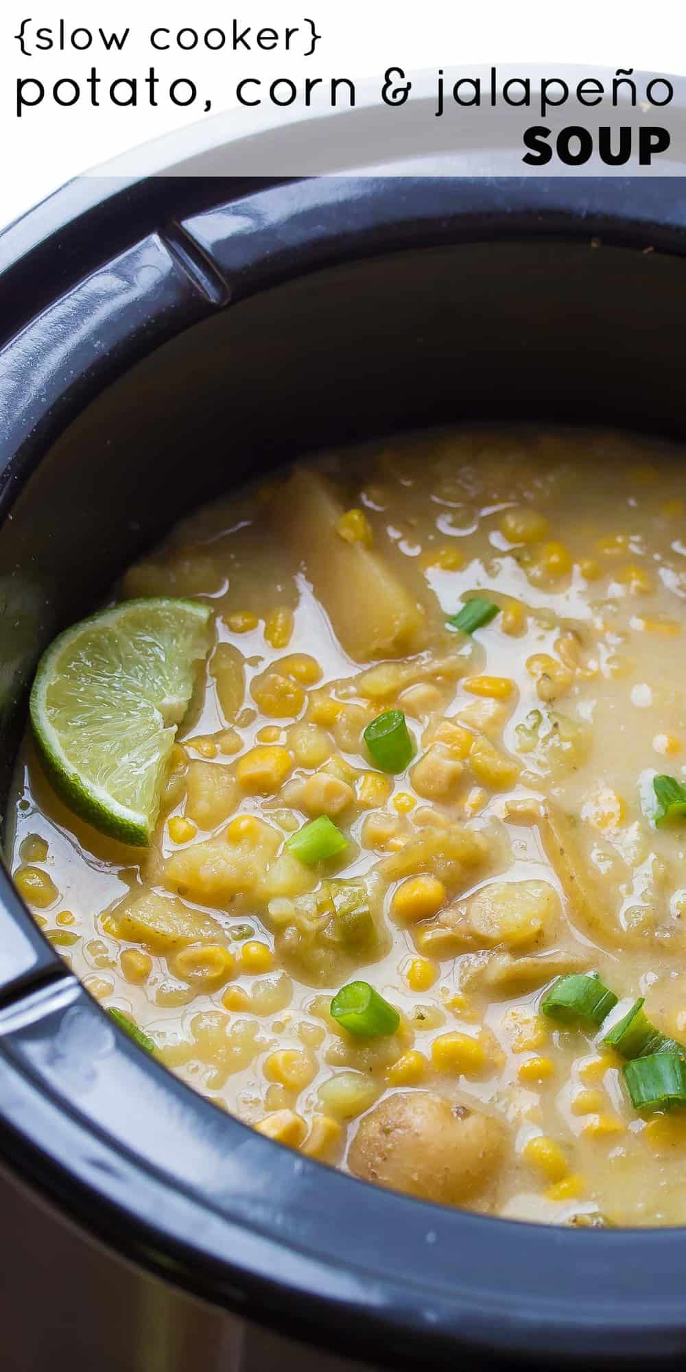 This slow cooker potato corn soup is an easy and deceptively healthy recipe that gets a boost of creaminess from Almond Breeze almond beverage, and a touch of heat from jalapenos! Only 160 calories/bowl!