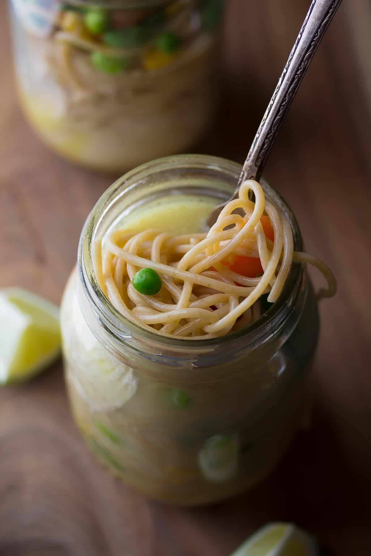 Thai Coconut Instant Noodles in a mason jar- overhead view