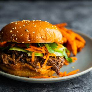 honey garlic shredded beef sandwich on a plate with sweet potato fries
