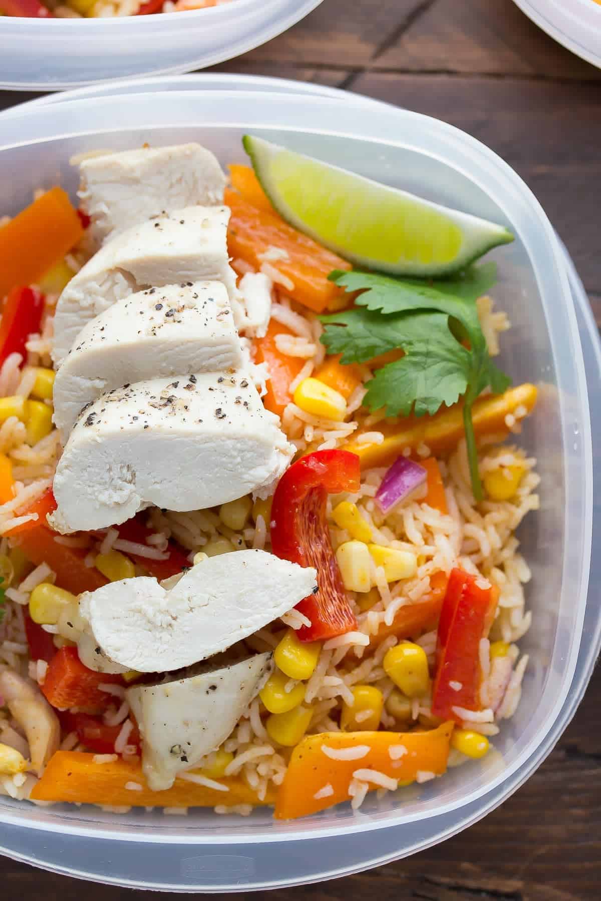 close up view of chicken fajita lunch bowl