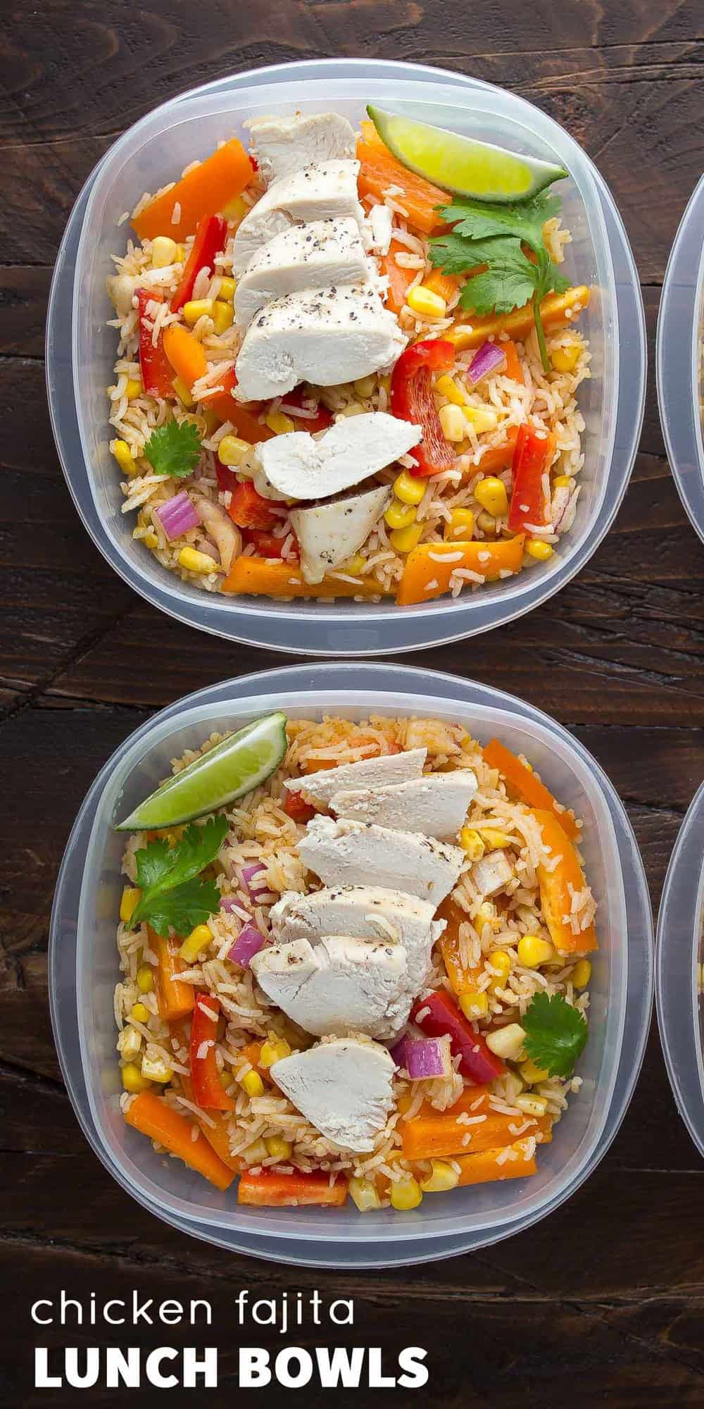 overhead view of two chicken fajita lunch bowls