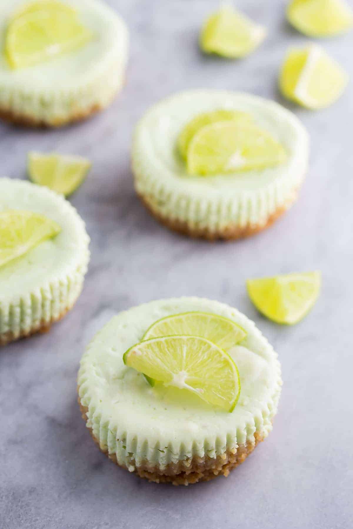  Key Lime Greek Yogurt Cheesecakes, a healthier dessert recipe with only 125 calories per cheesecake!
