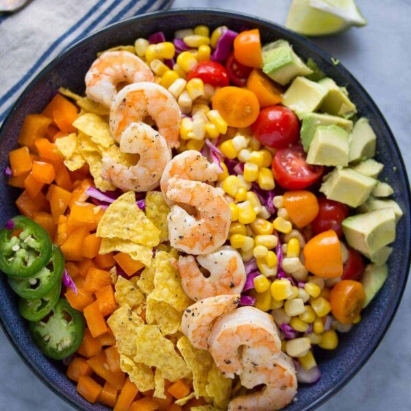 overhead shot of honey lime shrimp taco salad