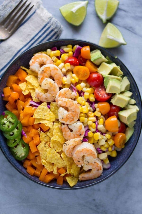 overhead shot of honey lime shrimp taco salad