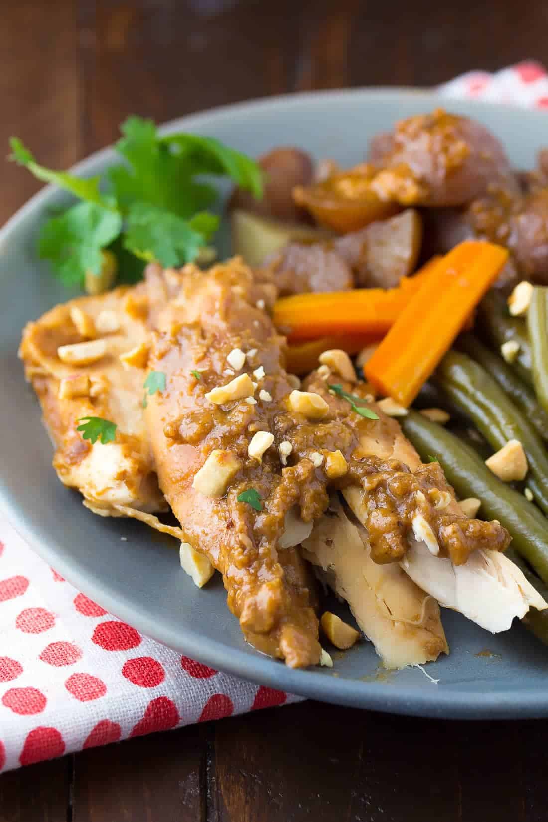 shredded peanut ginger chicken on a plate with the carrots, beans and potatoes